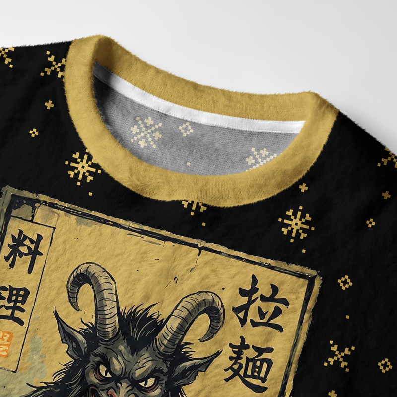 Tokyo-Tiger Vintage Krampus Eating Ramen Art Fuzzy Christmas Ugly Sweatshirt