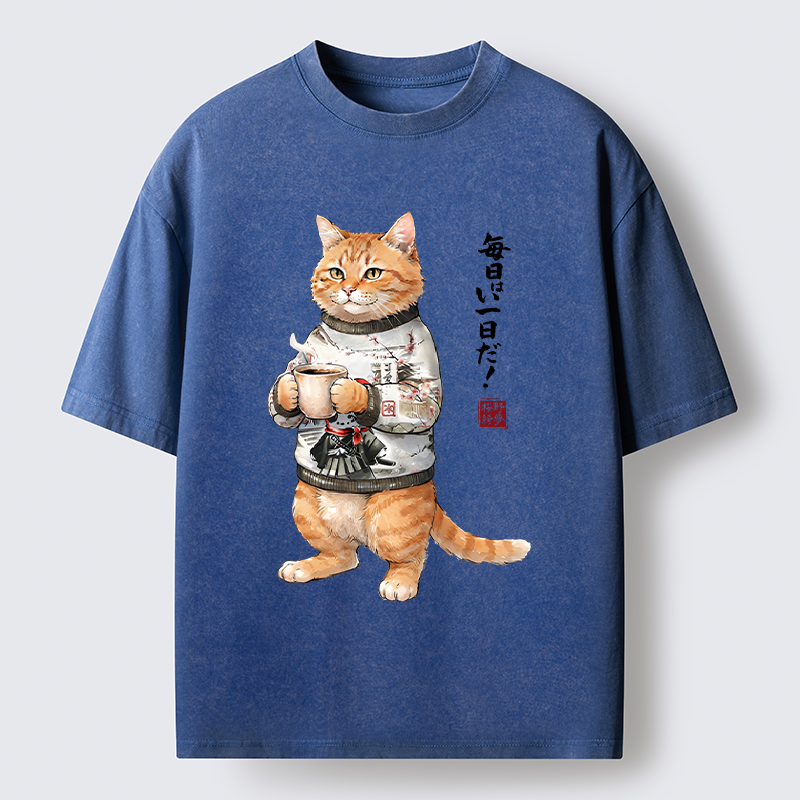 Tokyo‑Tiger Sweater Cat Coffee Washed T‑Shirt