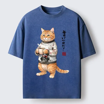 Tokyo‑Tiger Sweater Cat Coffee Washed T‑Shirt