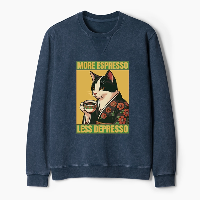 Tokyo-Tiger Tuxedo Cat Drinking Coffee Washed Terry Sweatshirt