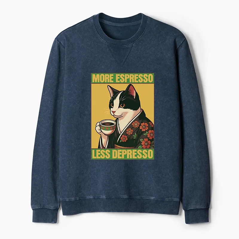 Tokyo-Tiger Tuxedo Cat Drinking Coffee Washed Terry Sweatshirt