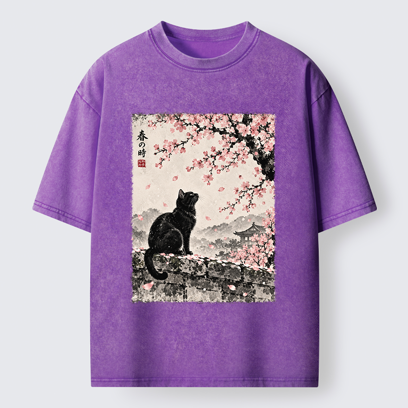 Tokyo-Tiger Spring Black Cat Art Washed T-Shirt