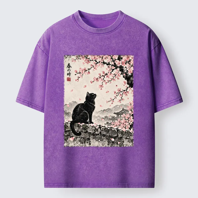 Tokyo-Tiger Spring Black Cat Art Washed T-Shirt