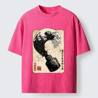 Tokyo‑Tiger Ink Wave Bottle Art Washed T‑Shirt