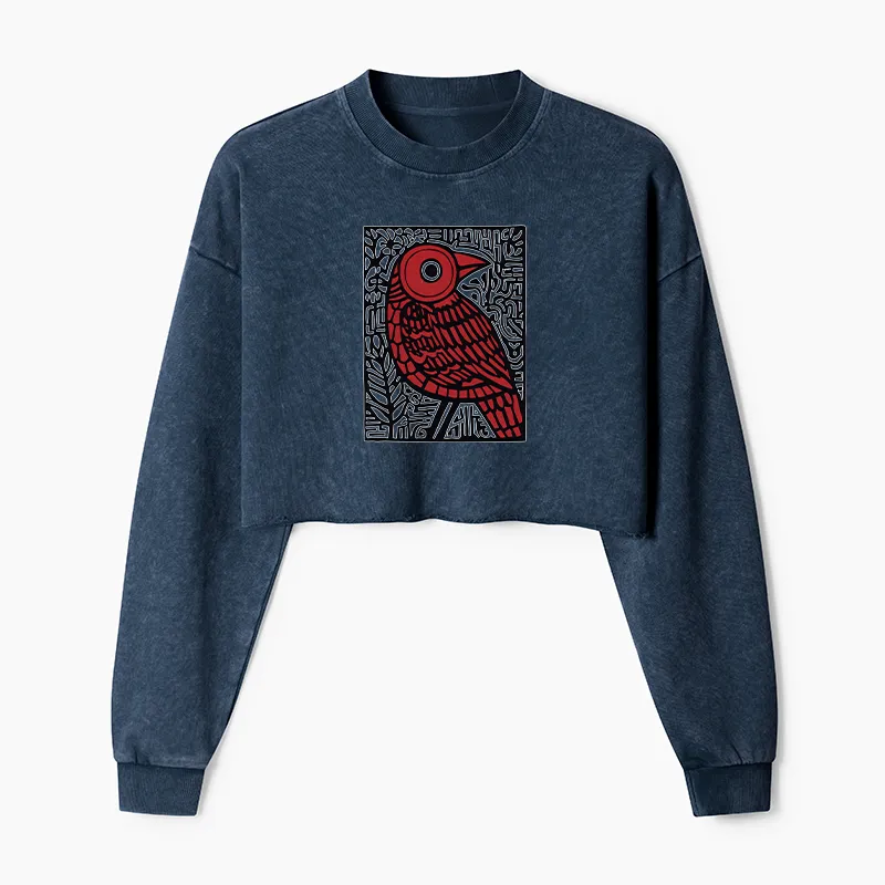 Tokyo-Tiger Retro Woodblock Bird Washed Crop Sweatshirt