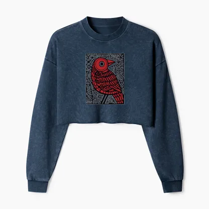 Tokyo-Tiger Retro Woodblock Bird Washed Crop Sweatshirt