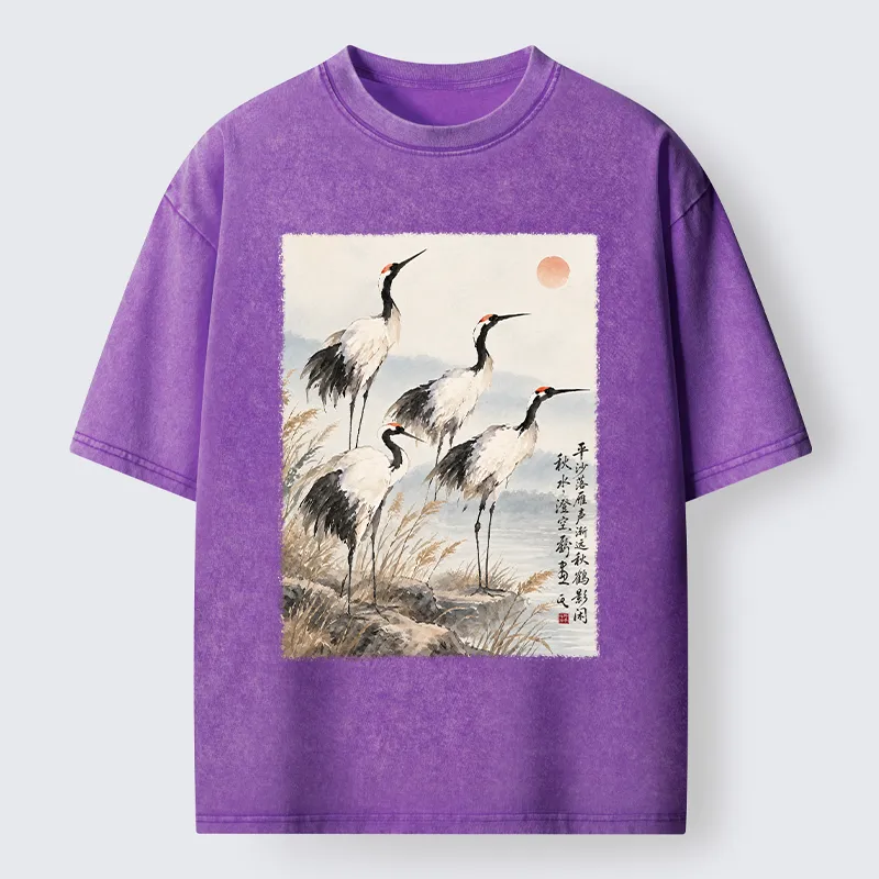 Tokyo-Tiger Vintage Oriental Crane Art Washed T-Shirt