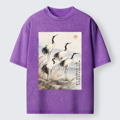 Tokyo-Tiger Vintage Oriental Crane Art Washed T-Shirt