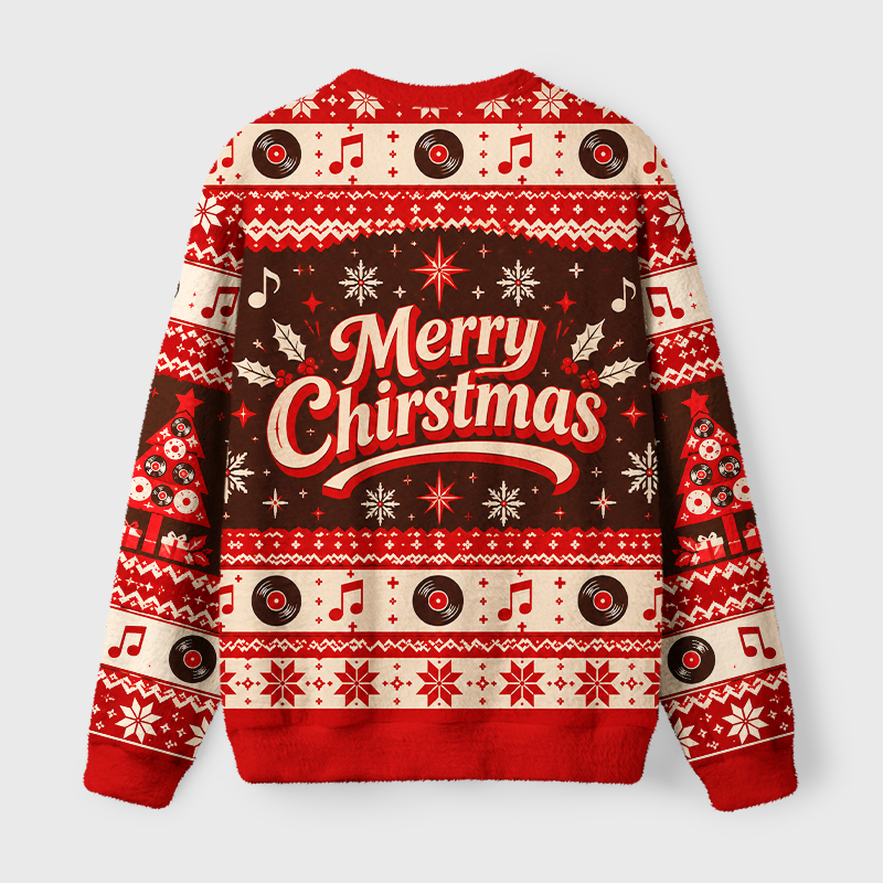 Tokyo-Tiger Retro Vinyl Record Cat Fuzzy Christmas Ugly Sweatshirt