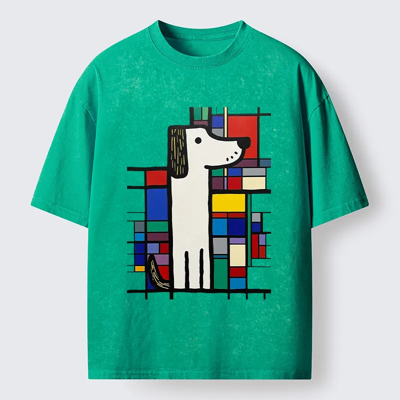 Tokyo-Tiger Geometric Cute Dog Art Washed T-Shirt