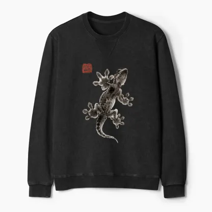 Tokyo-Tiger Minimal Asian Ink Brush Gecko Vibe Washed Terry Sweatshirt
