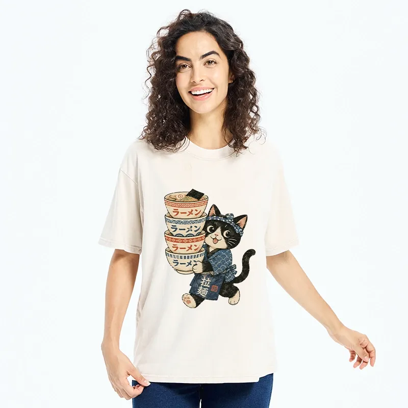 Tokyo-Tiger Funny Meme Cat Carries Stacked Ramen Bowls Washed T-Shirt