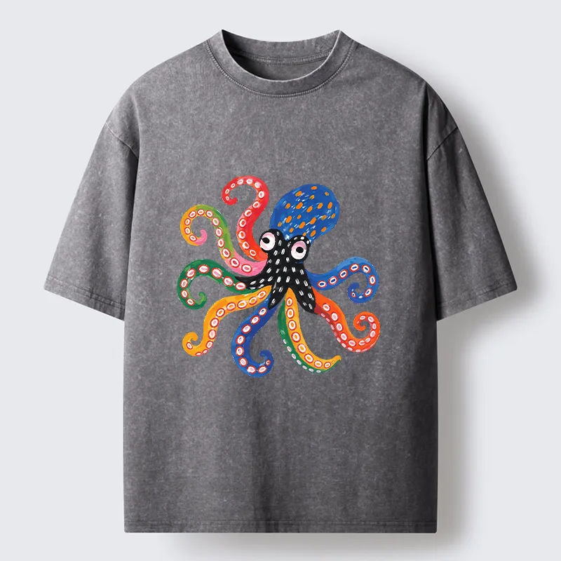 Tokyo-Tiger Bright Rainbow Octopus Washed T-Shirt