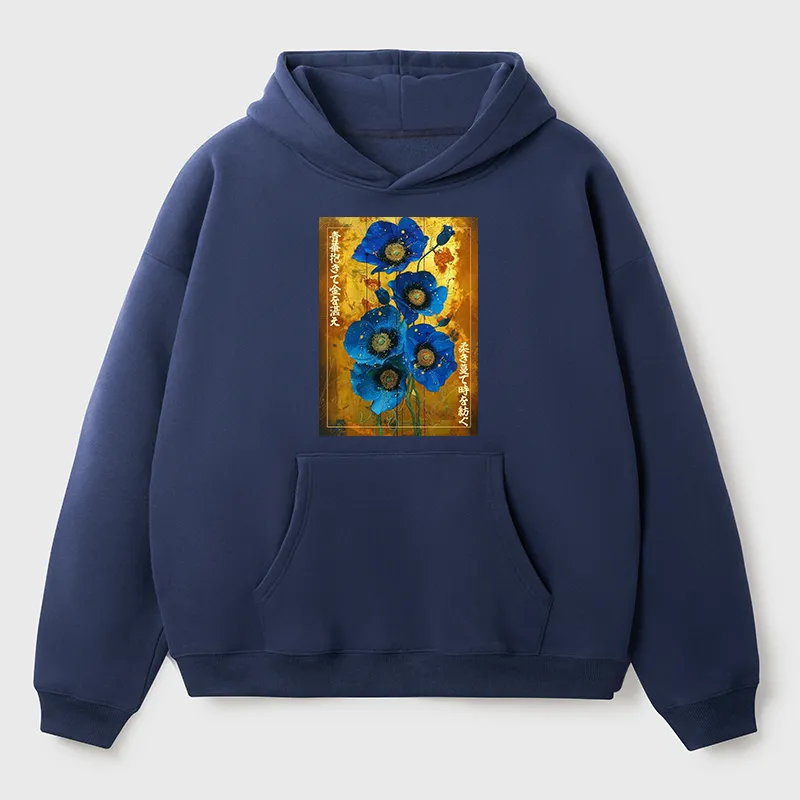 Tokyo-Tiger Shiny Blue Flower Warm Golden Background Adult Fleece Hoodie