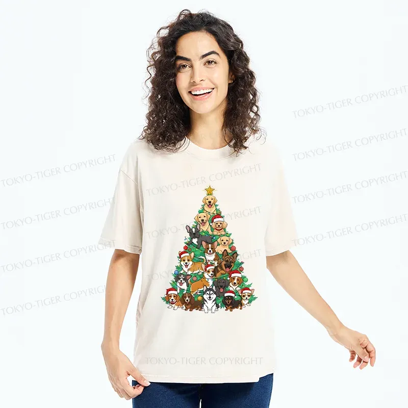 Tokyo-Tiger Christmas Tree Dog Funny Washed T-Shirt