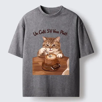 Tokyo-Tiger Cat Stirring Coffee Washed T-Shirt