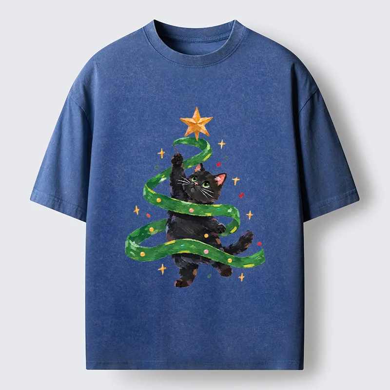 Tokyo-Tiger Black Cat Christmas Tree Ribbon Washed T-Shirt