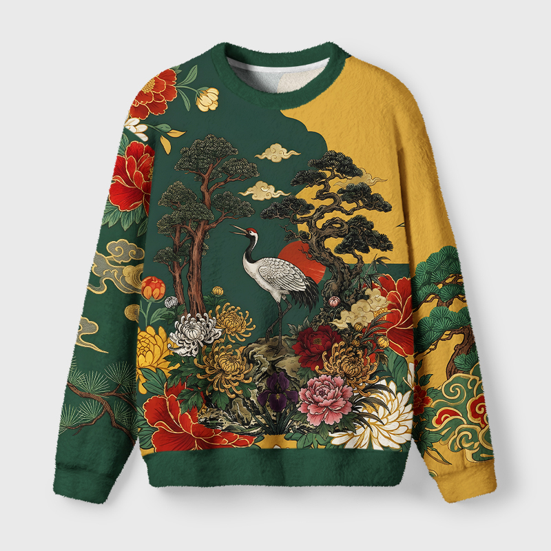Tokyo-Tiger Japanese Red Crane Floral Art Fuzzy Christmas Ugly Sweatshirt