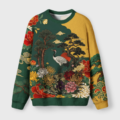 Tokyo-Tiger Japanese Red Crane Floral Art Fuzzy Christmas Ugly Sweatshirt