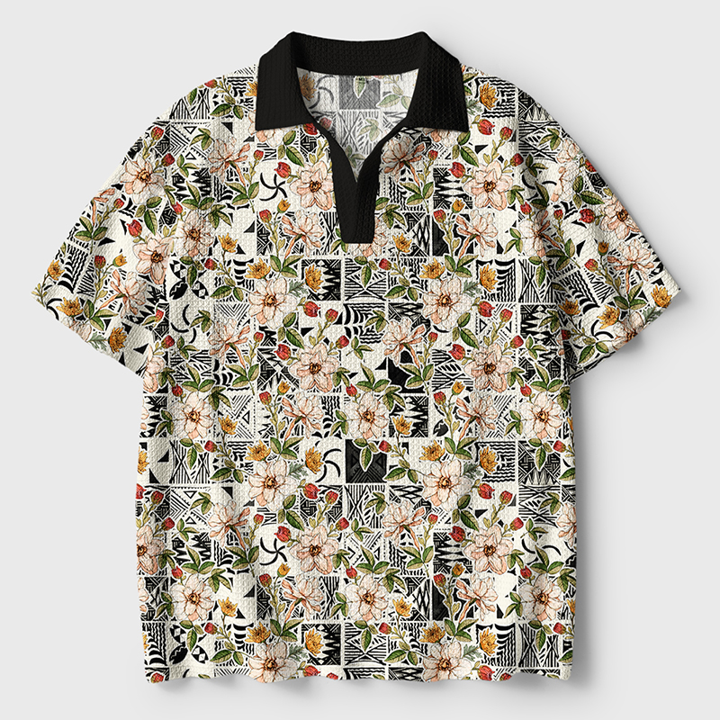 Tokyo-Tiger Tropical Floral Delight Crochet Polo Shirt