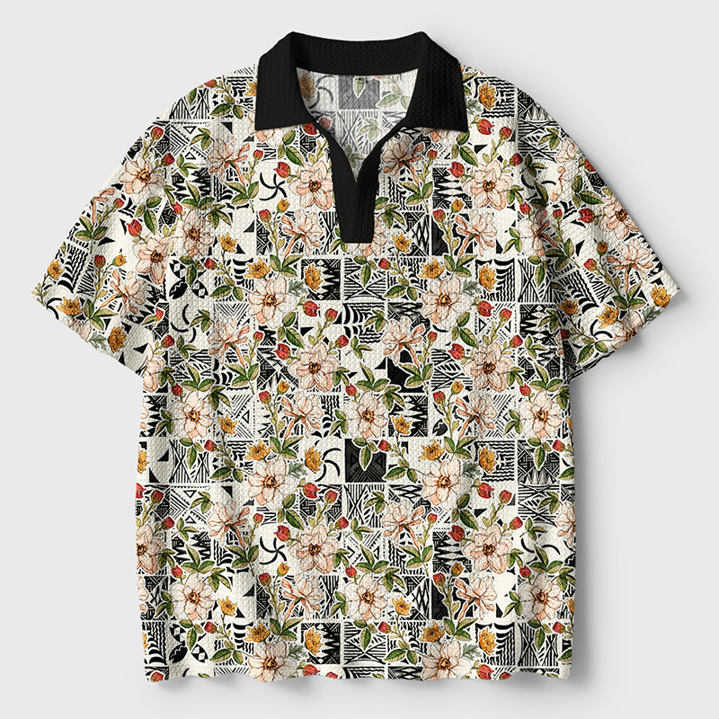 Tokyo-Tiger Tropical Floral Delight Crochet Polo Shirt