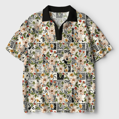 Tokyo-Tiger Tropical Floral Delight Crochet Polo Shirt