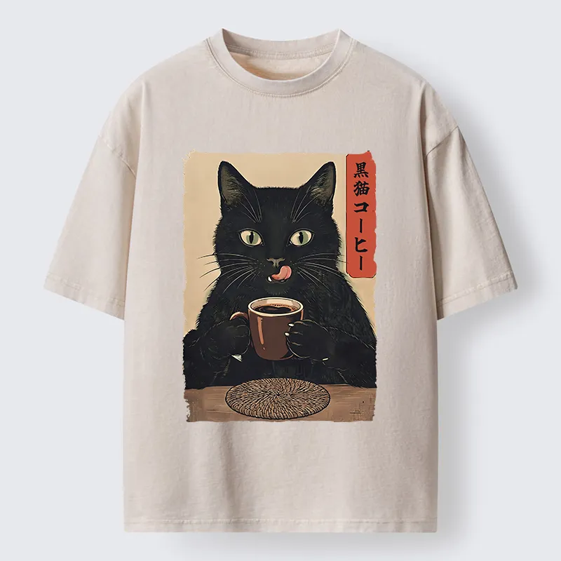 Tokyo-Tiger Vintage Black Cat Coffee Art Washed T-Shirt