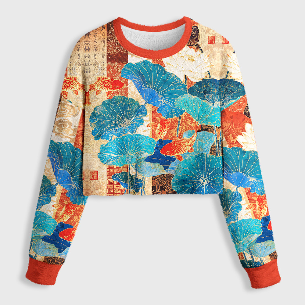 Tokyo-Tiger Koi Among Brocade Lotus Women's Fuzzy Cropped Sweatshirt