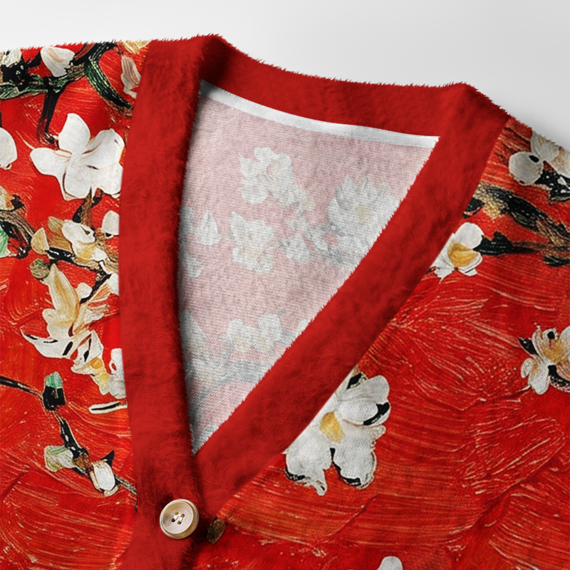 Tokyo-Tiger Van Gogh Red Almond Blossom Ugly Cardigan Sweater