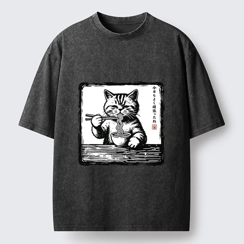 Tokyo‑Tiger Ramen Eating Cat Washed T‑Shirt