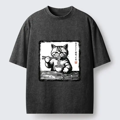 Tokyo‑Tiger Ramen Eating Cat Washed T‑Shirt