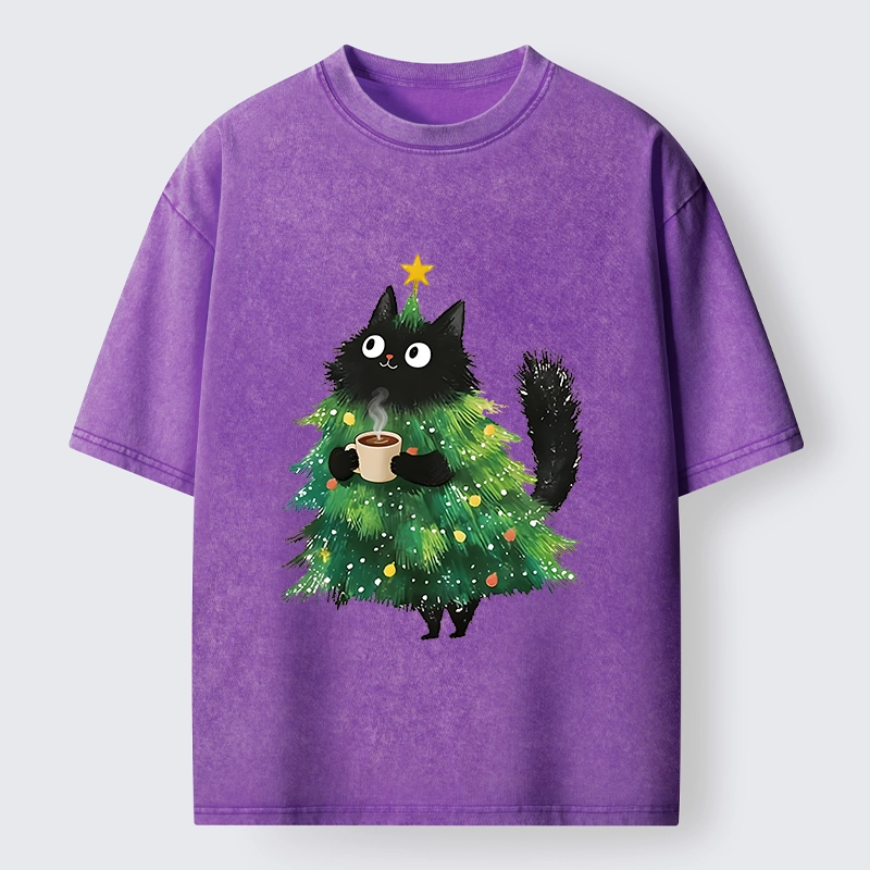 Tokyo‑Tiger Coffee Christmas Cat Washed T‑Shirt