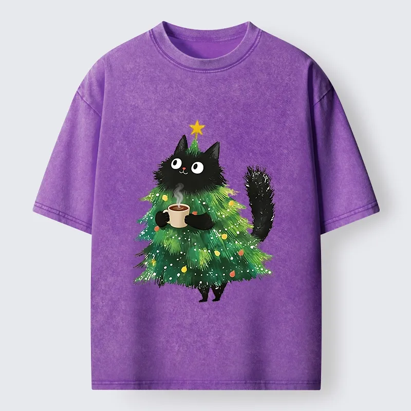 Tokyo‑Tiger Coffee Christmas Cat Washed T‑Shirt