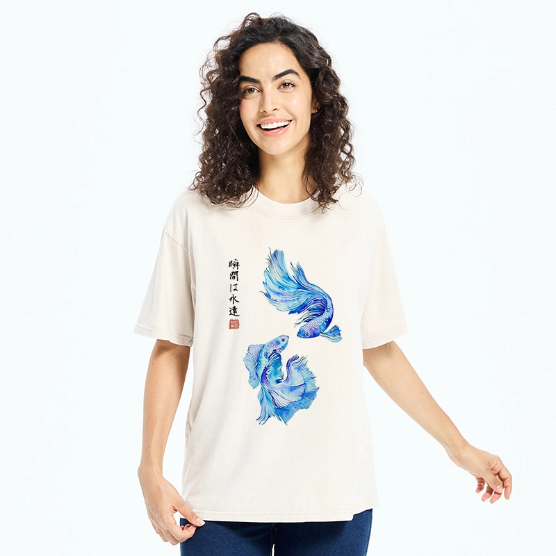 Tokyo-Tiger Japanese Watercolor Pair Betta Fish Washed T-Shirt