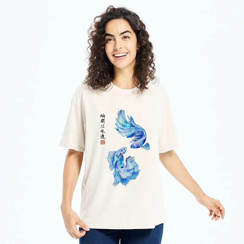 Tokyo-Tiger Japanese Watercolor Pair Betta Fish Washed T-Shirt