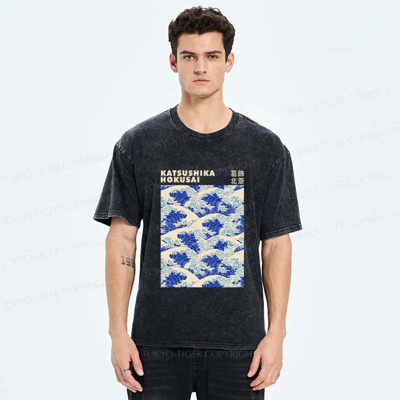Tokyo-Tiger Ukiyo-e Wave Poster Washed T-Shirt
