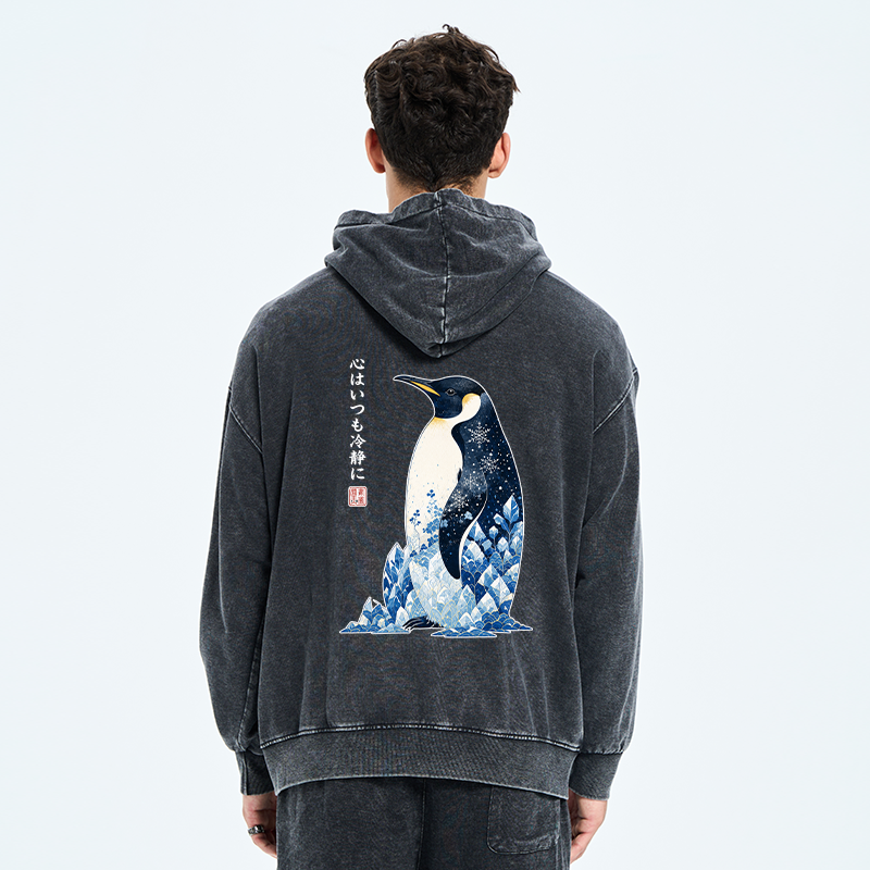 Tokyo-Tiger Keep Calm Penguin Washed Zip Hoodie