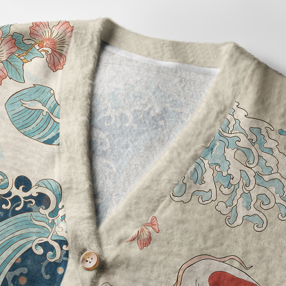Tokyo-Tiger Koi With Sakura Waves Ugly Cardigan Sweater