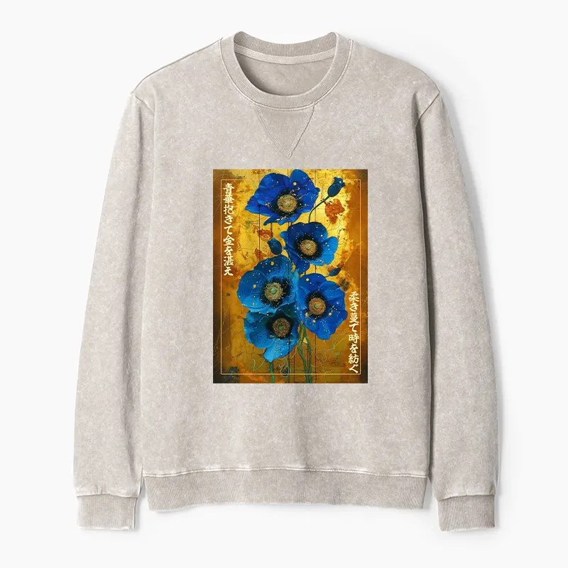 Tokyo-Tiger Shiny Blue Flower Warm Golden Background Washed Terry Sweatshirt