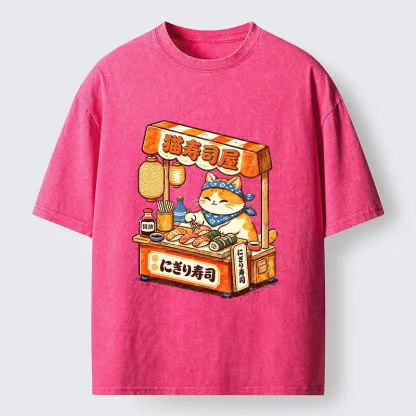 Tokyo-Tiger Cute Cat Running A Sushi Stall Washed T-Shirt