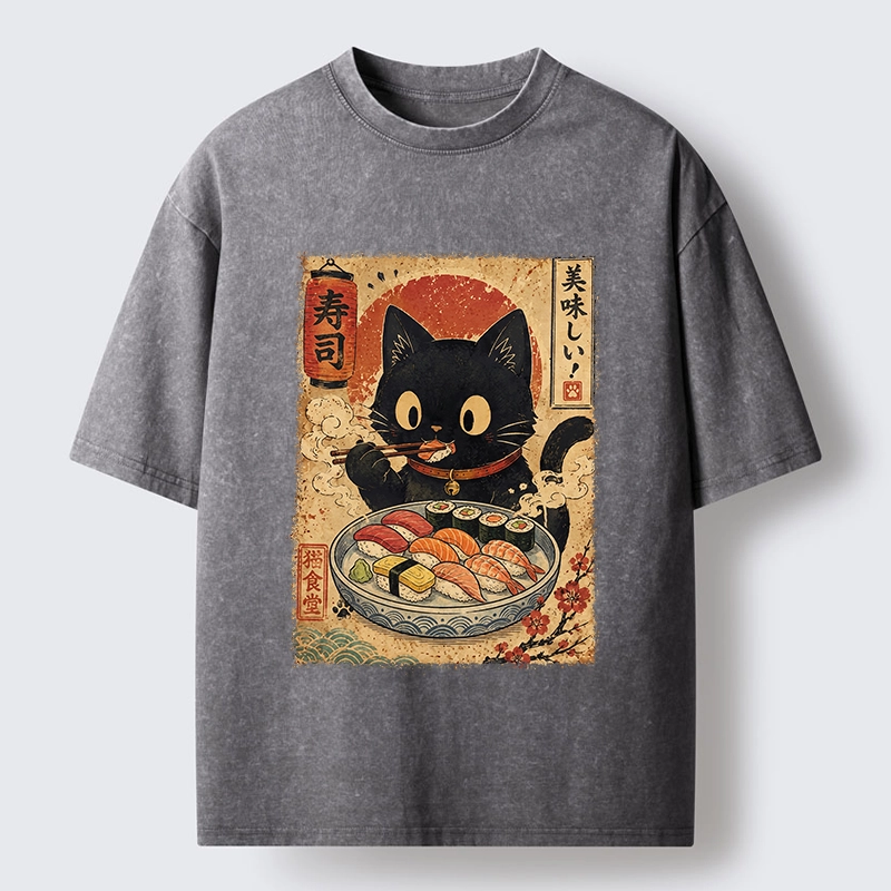 Tokyo‑Tiger Japanese Food Cat Washed T‑Shirt