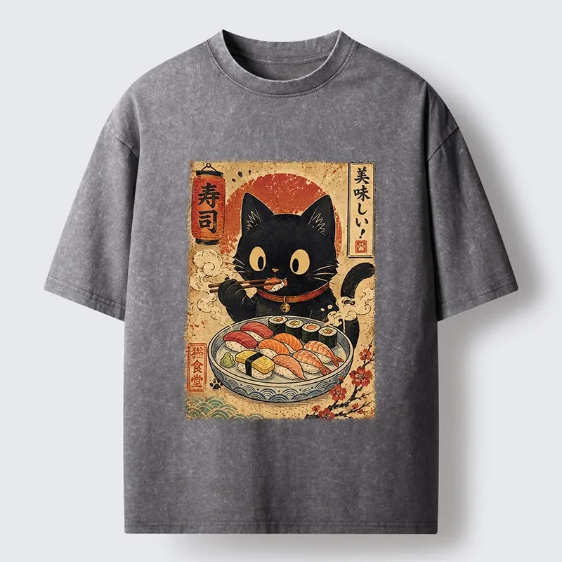 Tokyo‑Tiger Japanese Food Cat Washed T‑Shirt