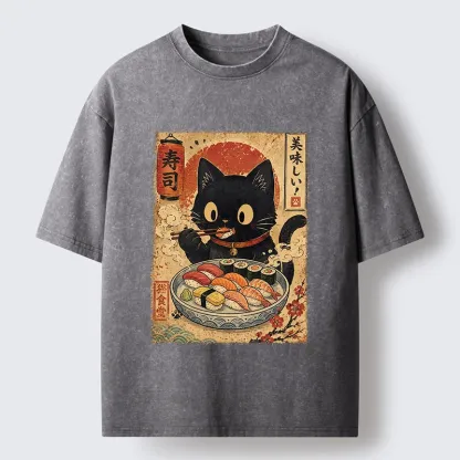 Tokyo‑Tiger Japanese Food Cat Washed T‑Shirt