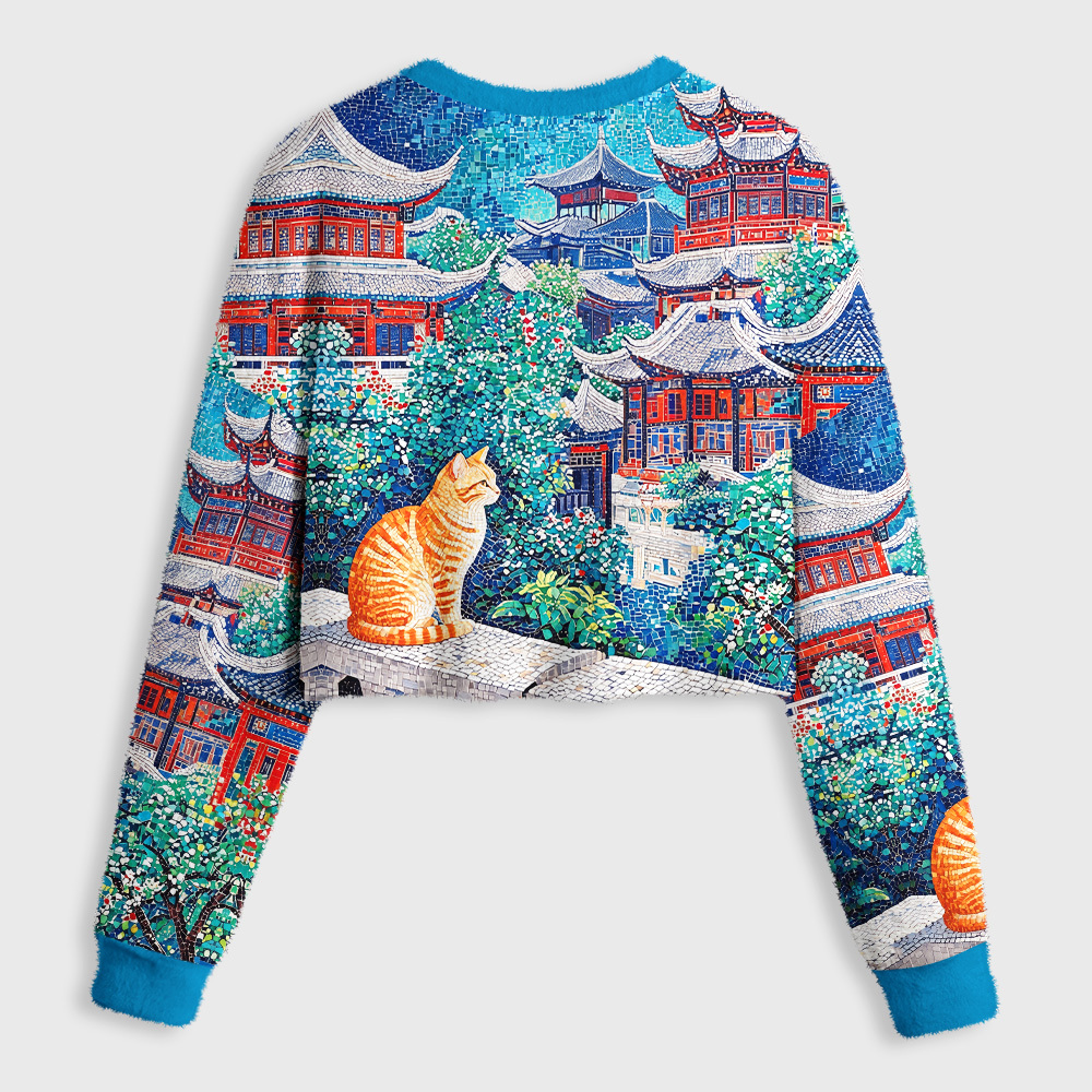 Tokyo-Tiger Ginger Cats Ancient Pavilions Women's Fuzzy Cropped Sweatshirt