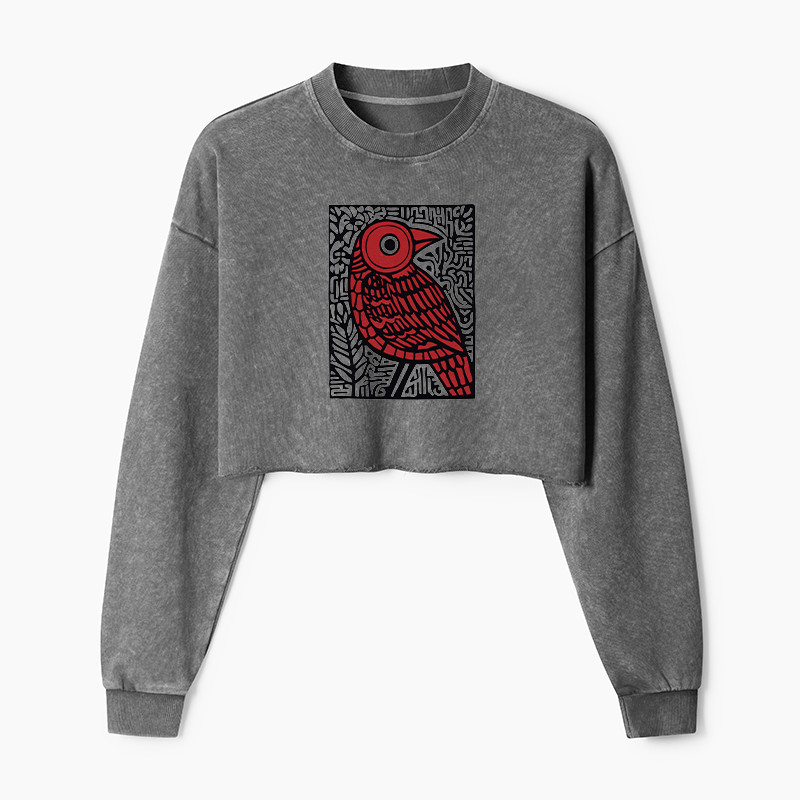 Tokyo-Tiger Retro Woodblock Bird Washed Crop Sweatshirt