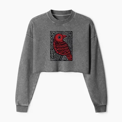 Tokyo-Tiger Retro Woodblock Bird Washed Crop Sweatshirt