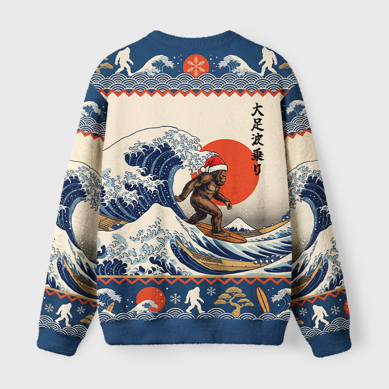 Tokyo-Tiger Japanese Wave Sasquatch Santa Fuzzy Christmas Ugly Sweatshirt