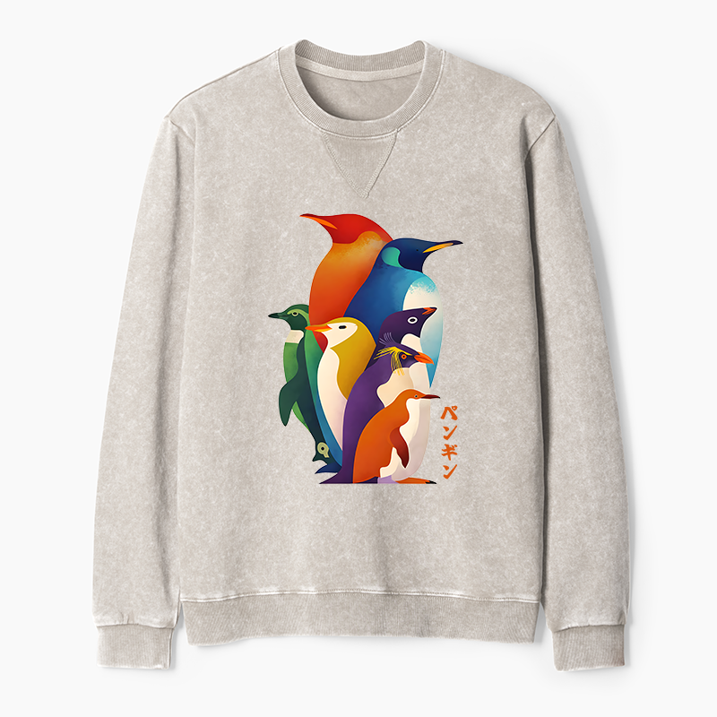 Tokyo-Tiger Cute Multi Tone Penguins Washed Terry Sweatshirt