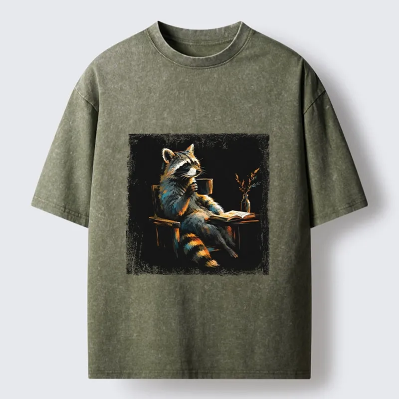 Tokyo‑Tiger Cozy Raccoon Reader Washed T‑Shirt