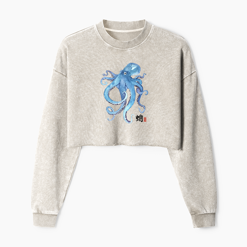 Tokyo-Tiger Watercolor Blue Octopus Washed Crop Sweatshirt